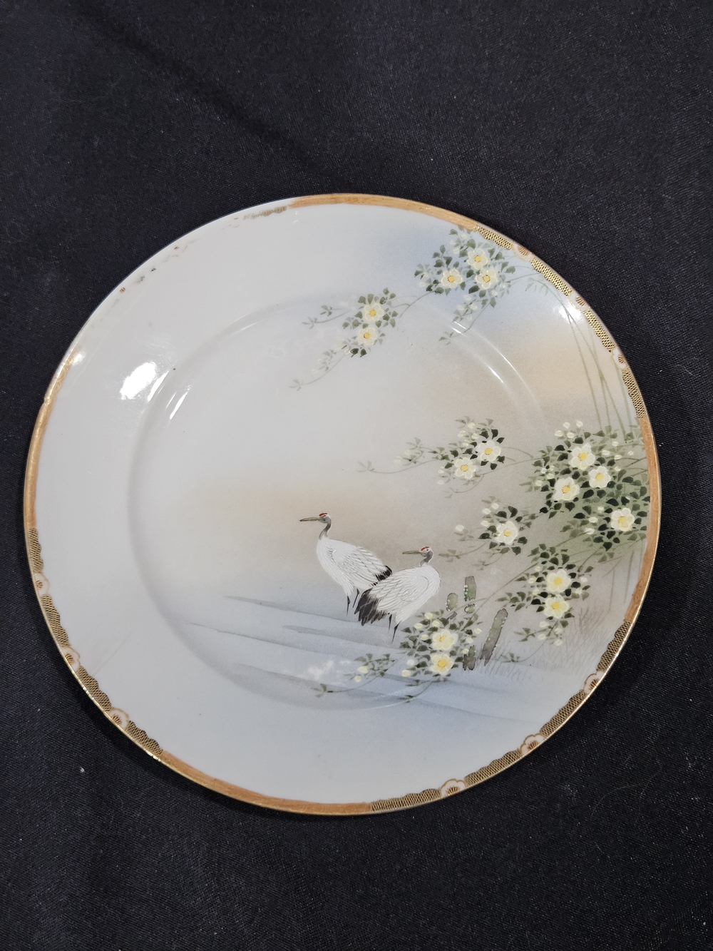 Antique Japanese Yokohama Ware Plate Hayakawa Zo Red Crowned Cranes Hand Painted
